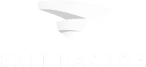 Logo of Exit Factor featuring a white, geometric, abstract shape above the text "EXIT FACTOR" in bold, capital letters. The background is black.