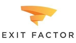 Logo of Exit Factor with abstract orange shape above the text.