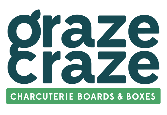 Graze Craze logo featuring the text "Graze Craze" and "Charcuterie Boards & Boxes" on a green banner background.